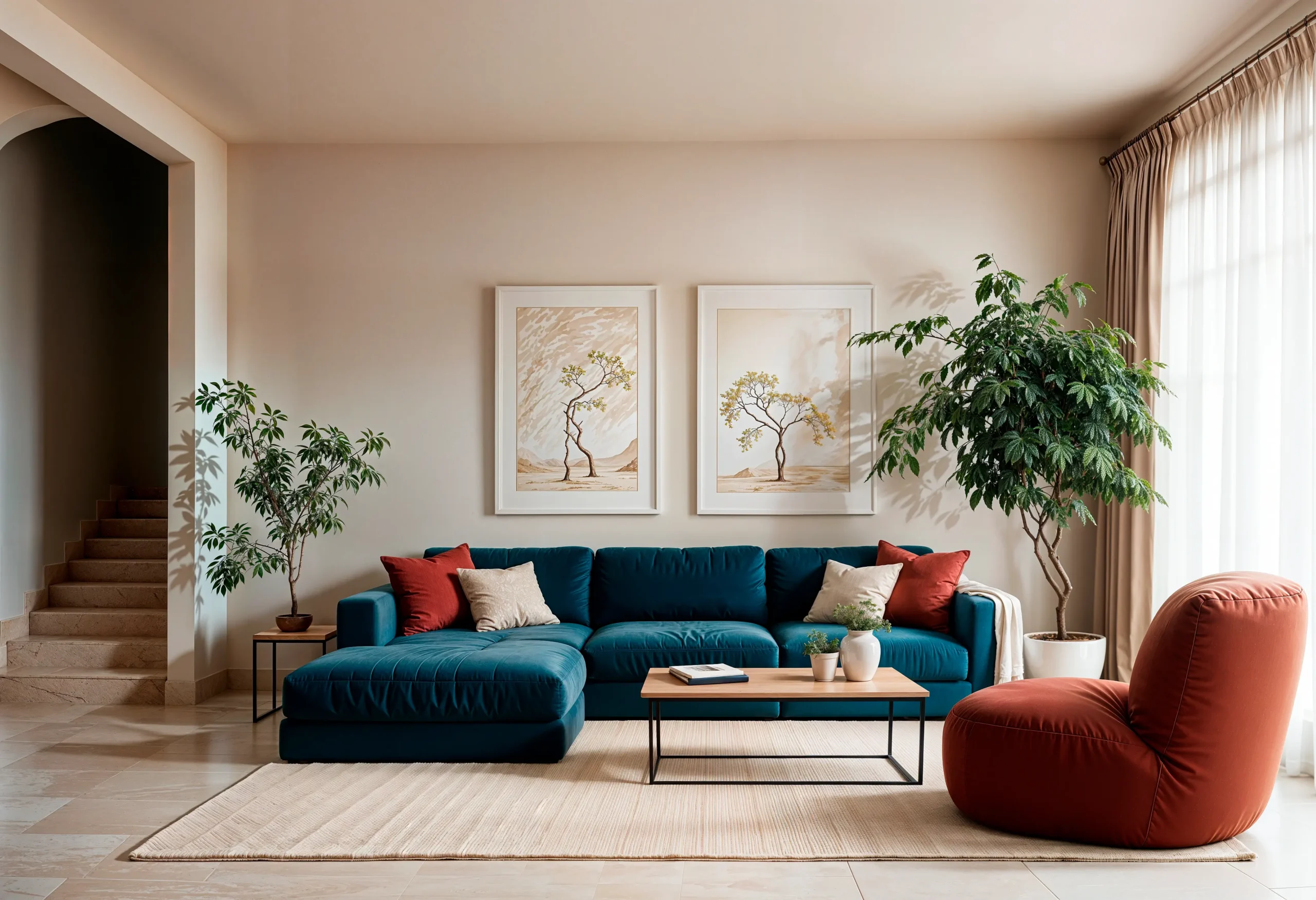 Salon lumineux d’une maison de vacances préparée par la conciergerie à Lacanau